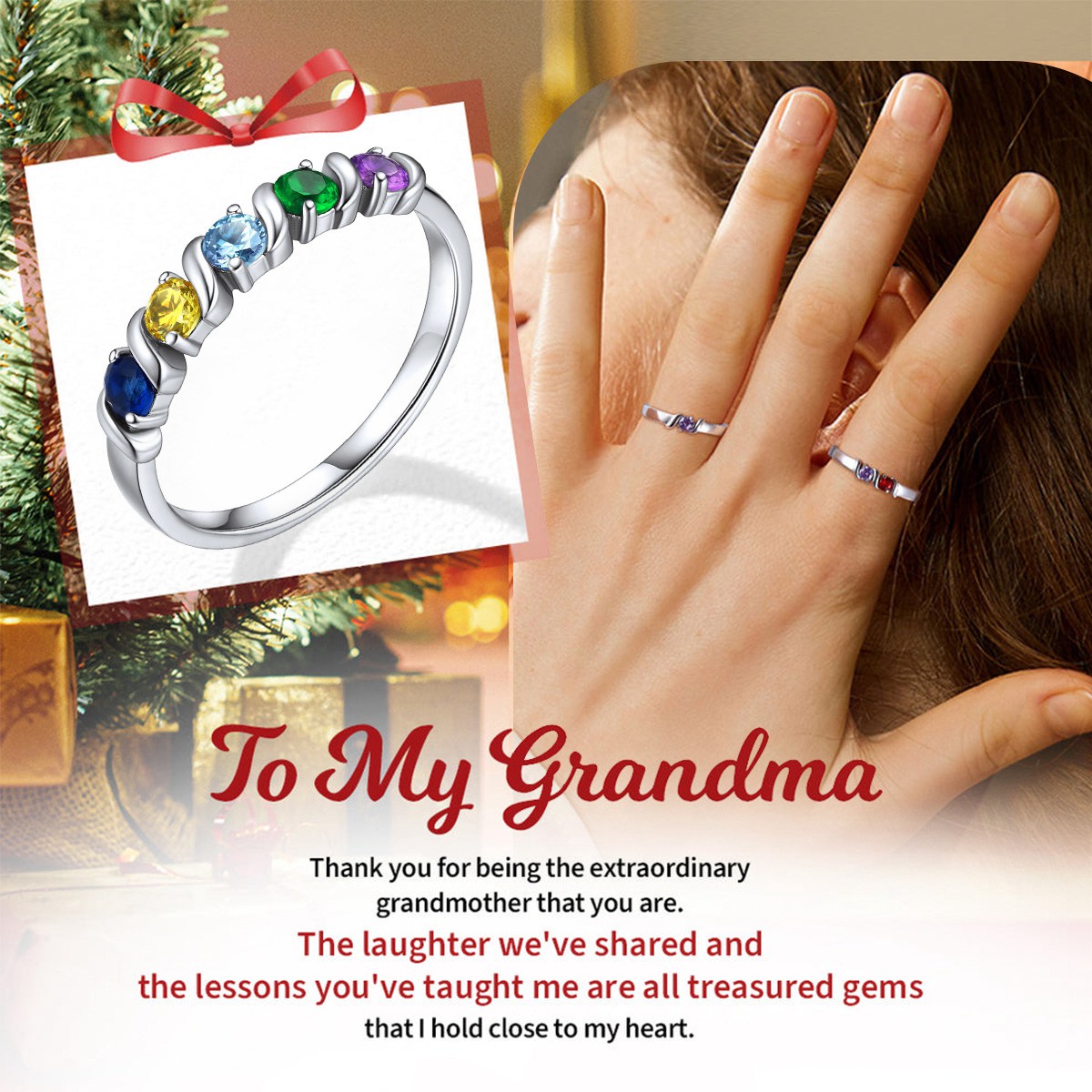 For Grandma Mom - Hold Close To My Heart Personalized Birthstone Ring